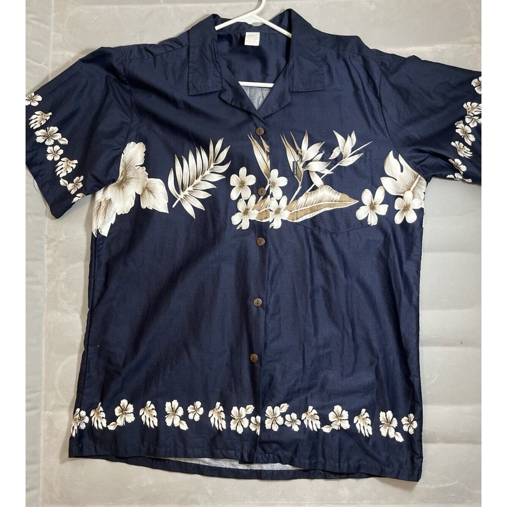 Palmwave Hawaii Men's XL cotton button front tropical shirt‎ blue brown flowers